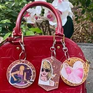 Taylor Swift Iconic Moments Cartoons & Gold Flakes Keychains Bag Charms 3 PACK